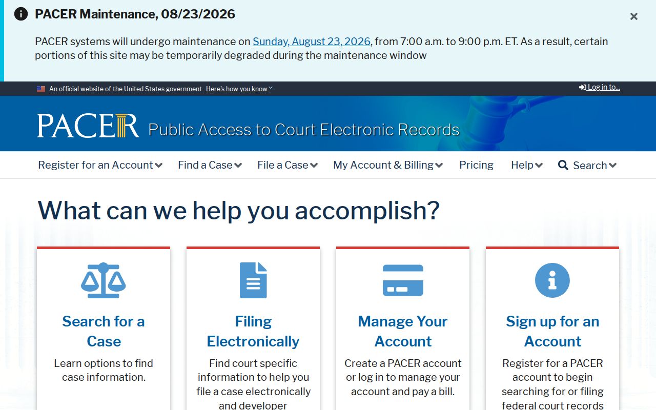 PACER federal case search landing page