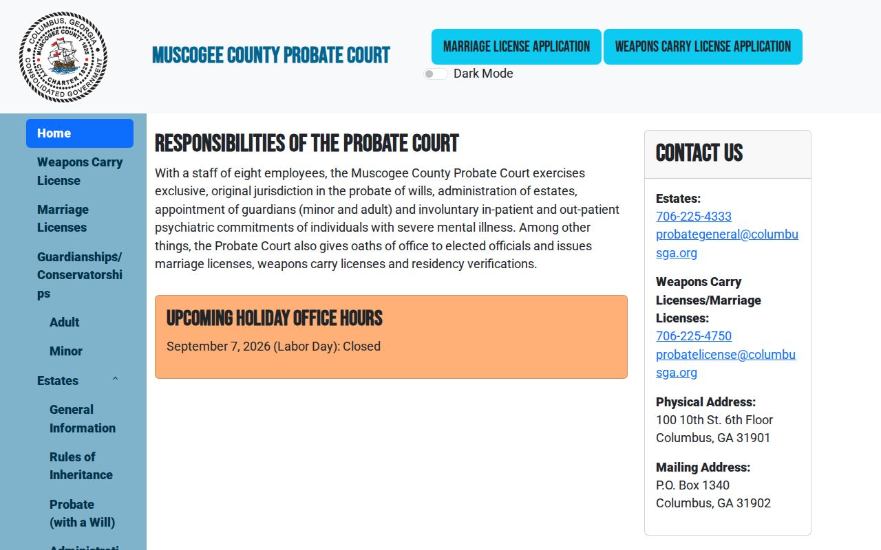 Columbus court records page for Muscogee Probate Court