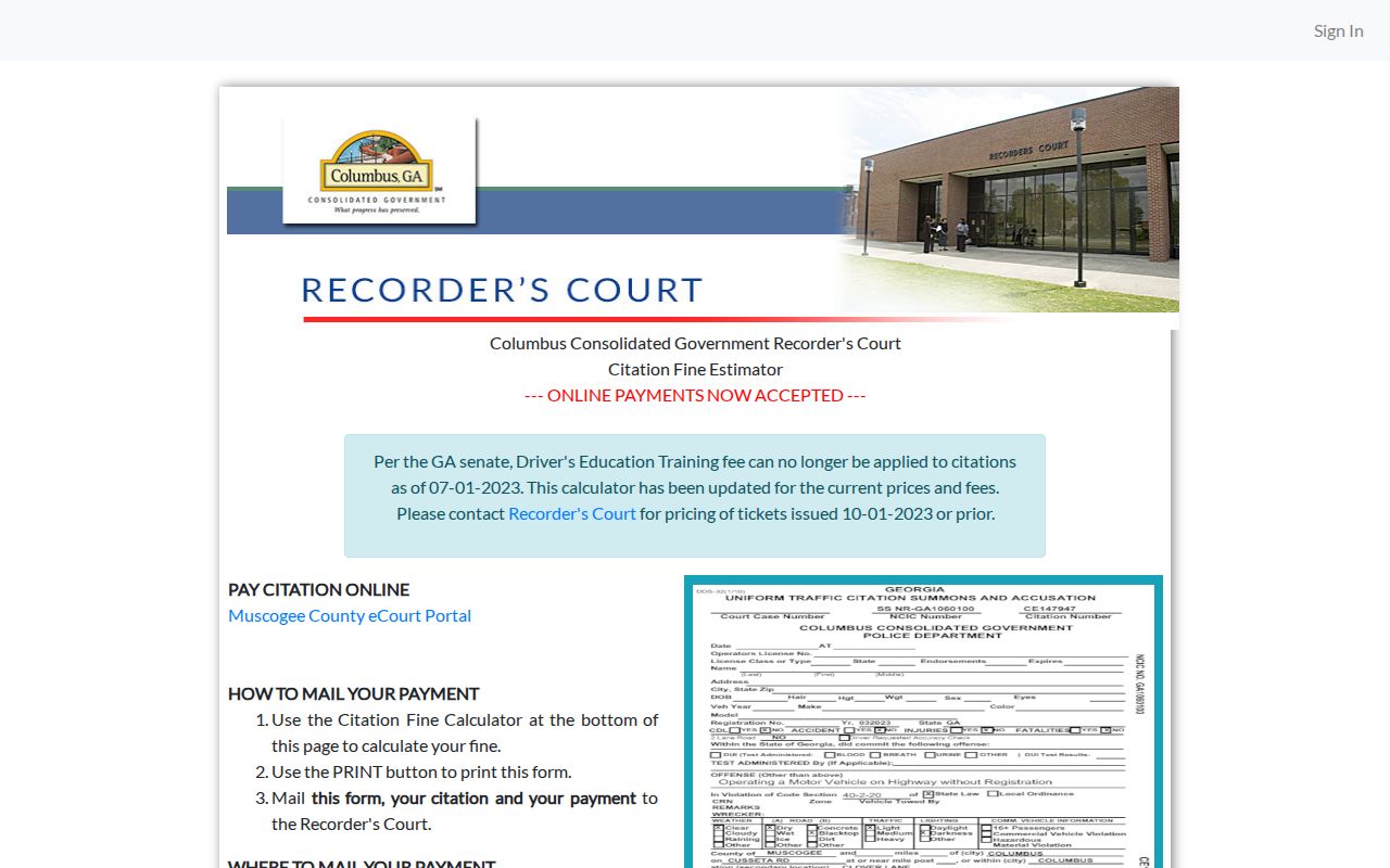 Muscogee Recorder's Court fine calculator